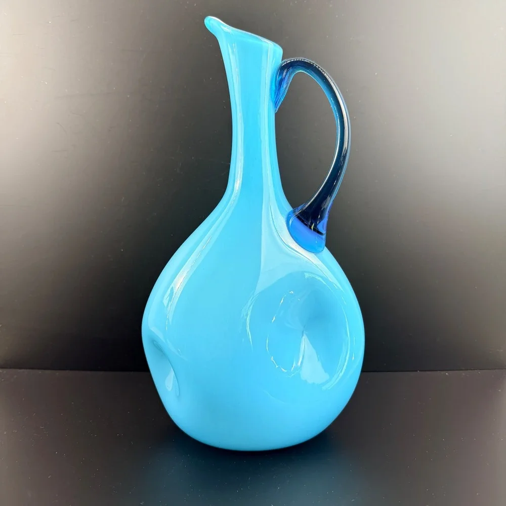 Stelvia Italy Cased Blue Pinched Pitcher Blue Handle Mid Century Modern 13